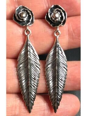 3031 Or Paz Sterling Silver 925 Israel flower Leaf drop 2-1/4" Earrings